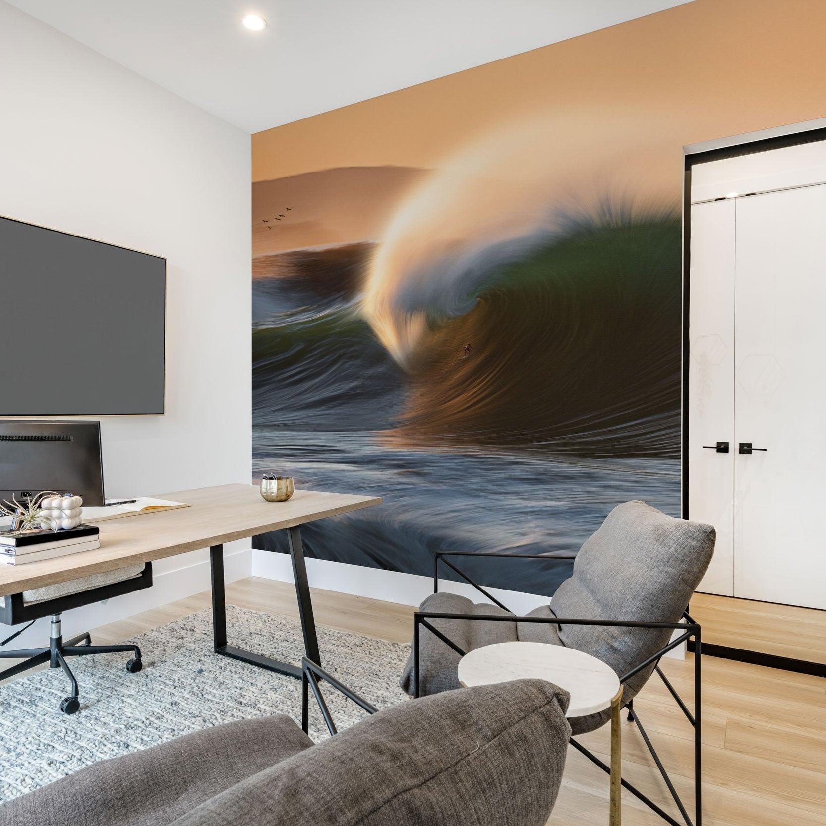 "The Duke Wallpaper by Wall Blush in modern office, focus on wave design feature wall."