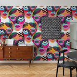 Alt: Vibrant Tucci Wallpaper by Wall Blush SG02 adorning a home office wall, focusing on the bold colors and unique design.

