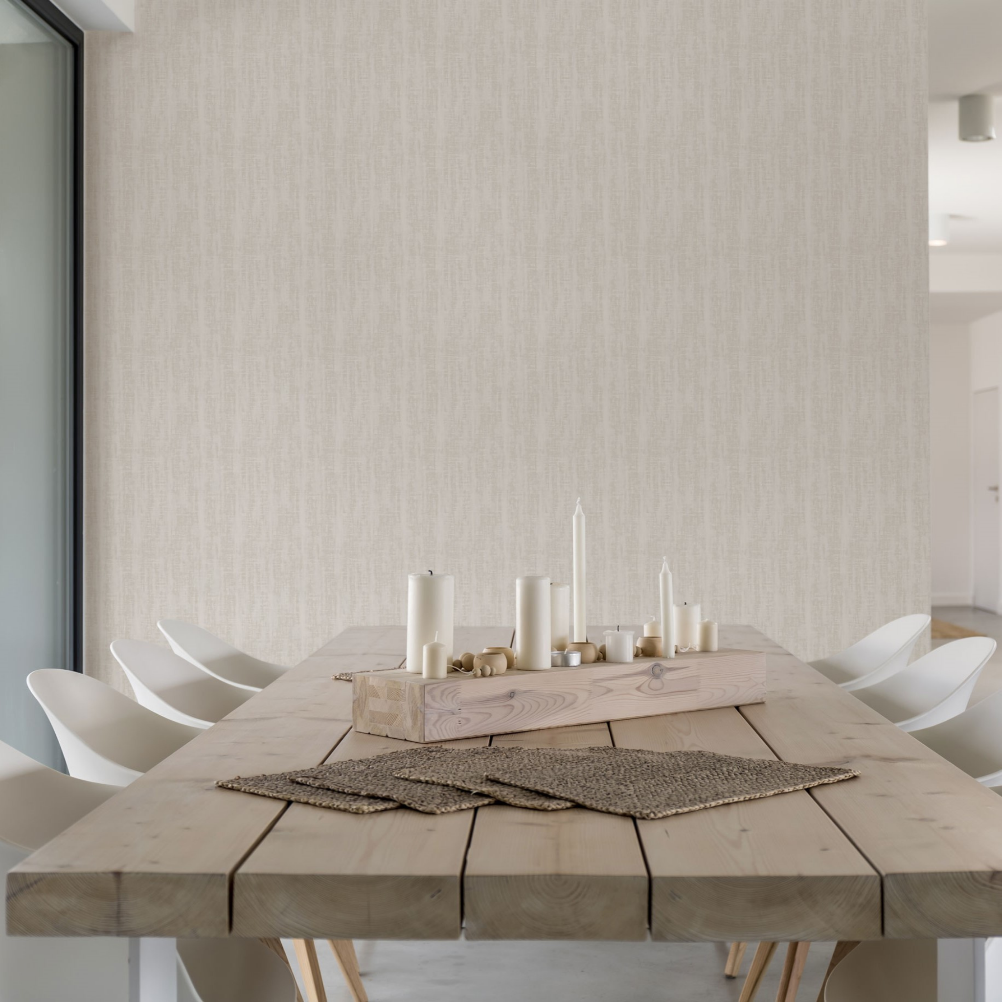 "Wall Blush Utopia Wallpaper showcased in a modern dining room setting, emphasizing texture and elegance."