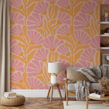 "Stylish living room featuring Wall Blush Willow Wallpaper with modern decor highlighting wall pattern focus."