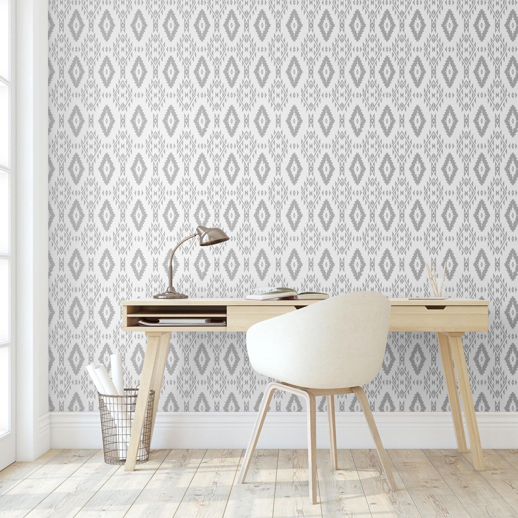 Minimalist home office featuring The MB Line's YEEHAWT (Light) Wallpaper, emphasizing modern elegant design.
