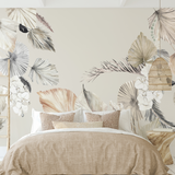 "Wall Blush Your Biggest Fan Wallpaper in a modern bedroom setting with floral design as the focal point."