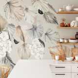 "Wall Blush's Your Biggest Fan Wallpaper in cozy kitchen, focusing on elegant botanical design."