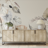 "Wall Blush Your Biggest Fan Wallpaper adorning living room walls with elegant botanical design."