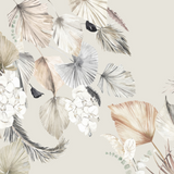 "Wall Blush's Your Biggest Fan Wallpaper in a cozy neutral-toned living room, highlighting elegant botanical patterns."