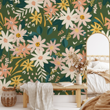 "Zara Wallpaper by Wall Blush featuring floral design in a cozy bedroom, highlighting the vibrant and stylish decor."