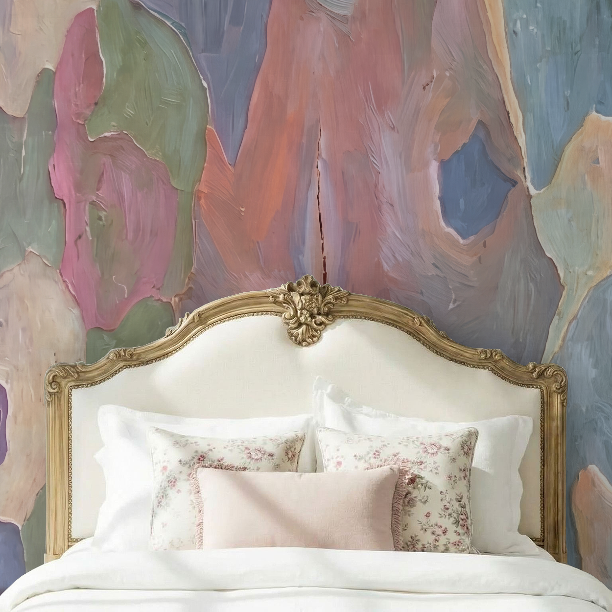 Abstract pastel wallpaper with soft hues behind an ornate bed in a cozy bedroom.