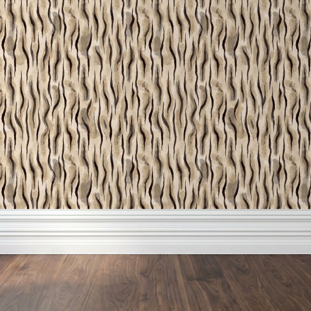 Abstract wavy wallpaper in taupe, beige, and charcoal tones with wood floor