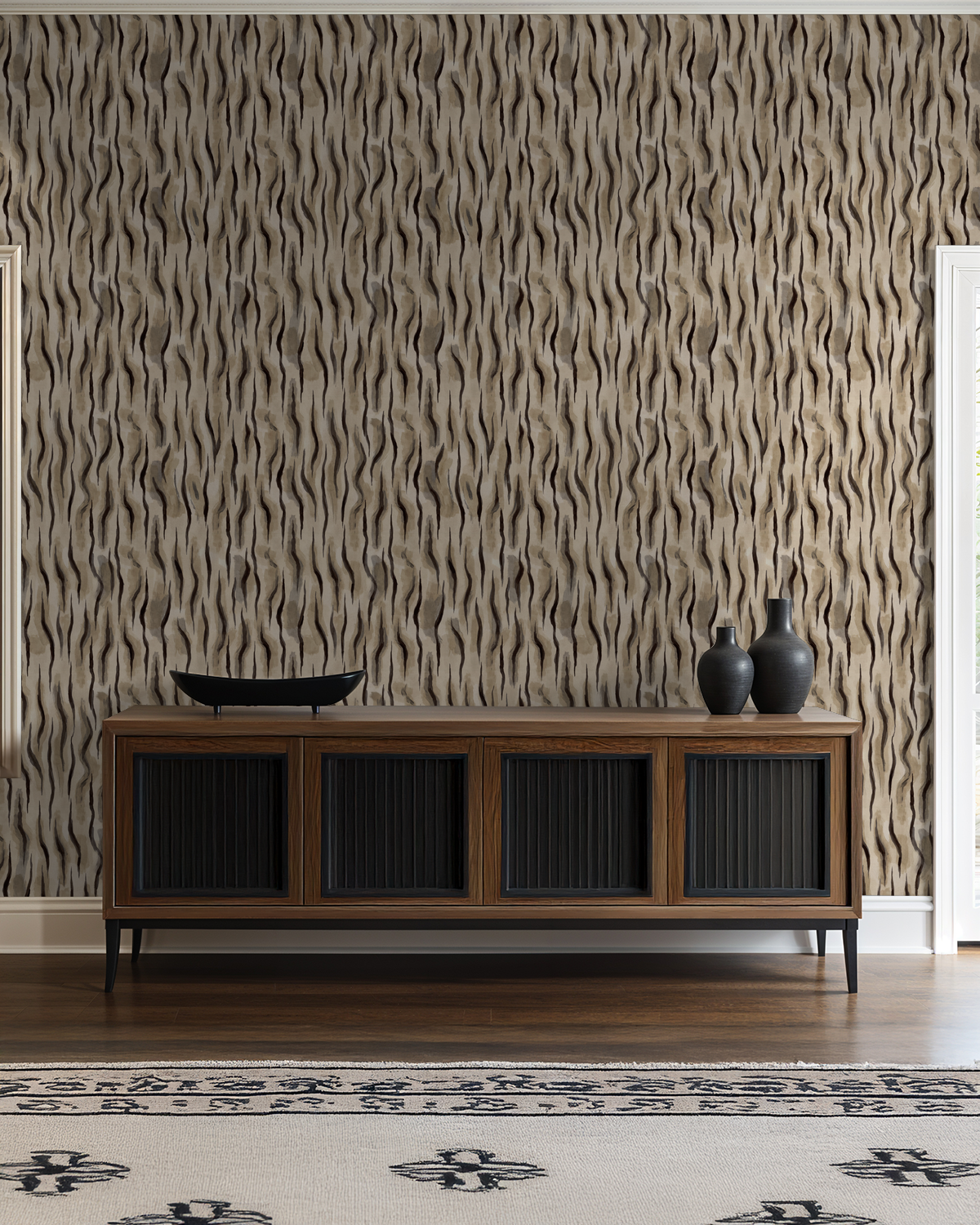 Abstract wavy wallpaper with earthy taupes and beiges in a modern living room.