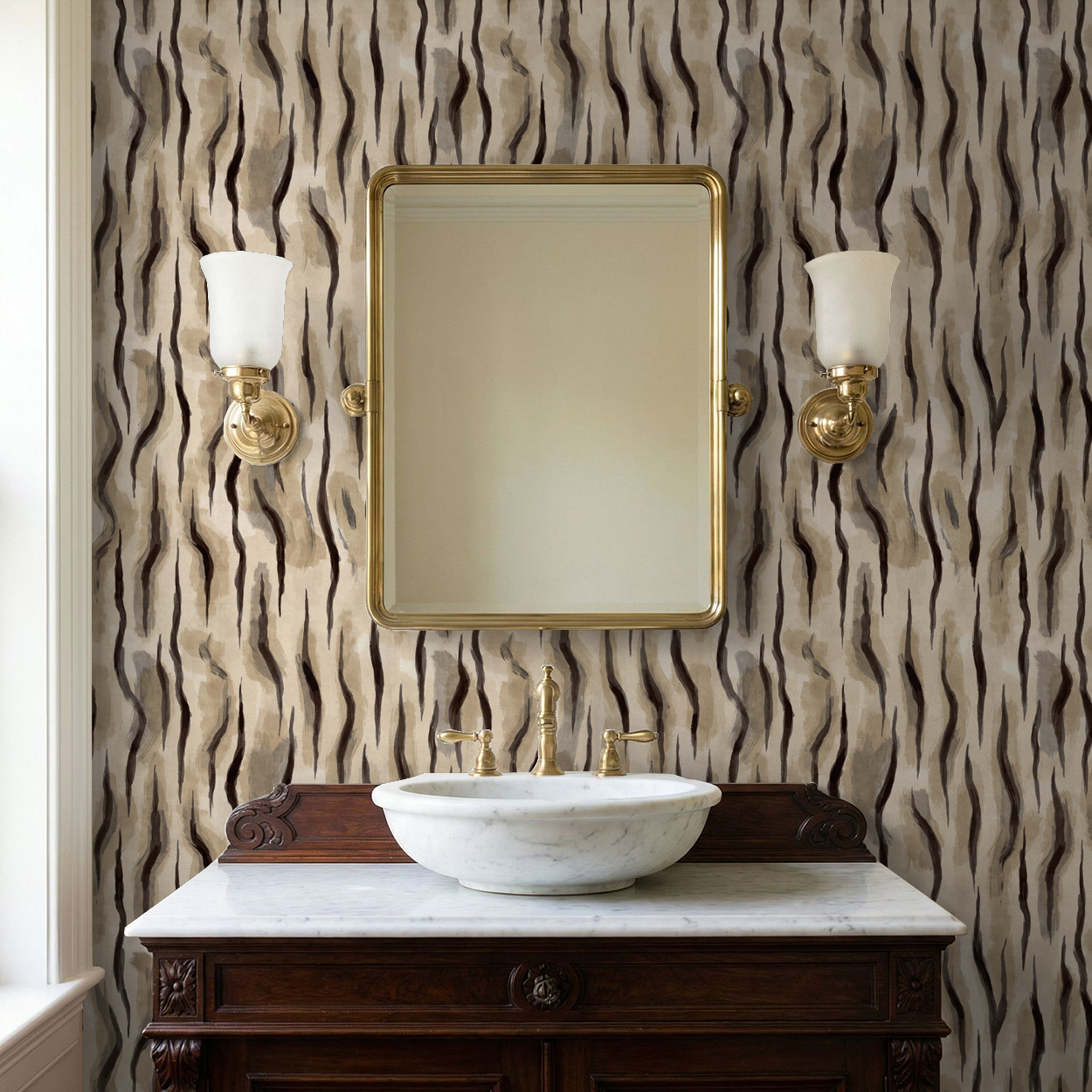 Abstract wavy wallpaper in taupe and charcoal in elegant bathroom setting.
