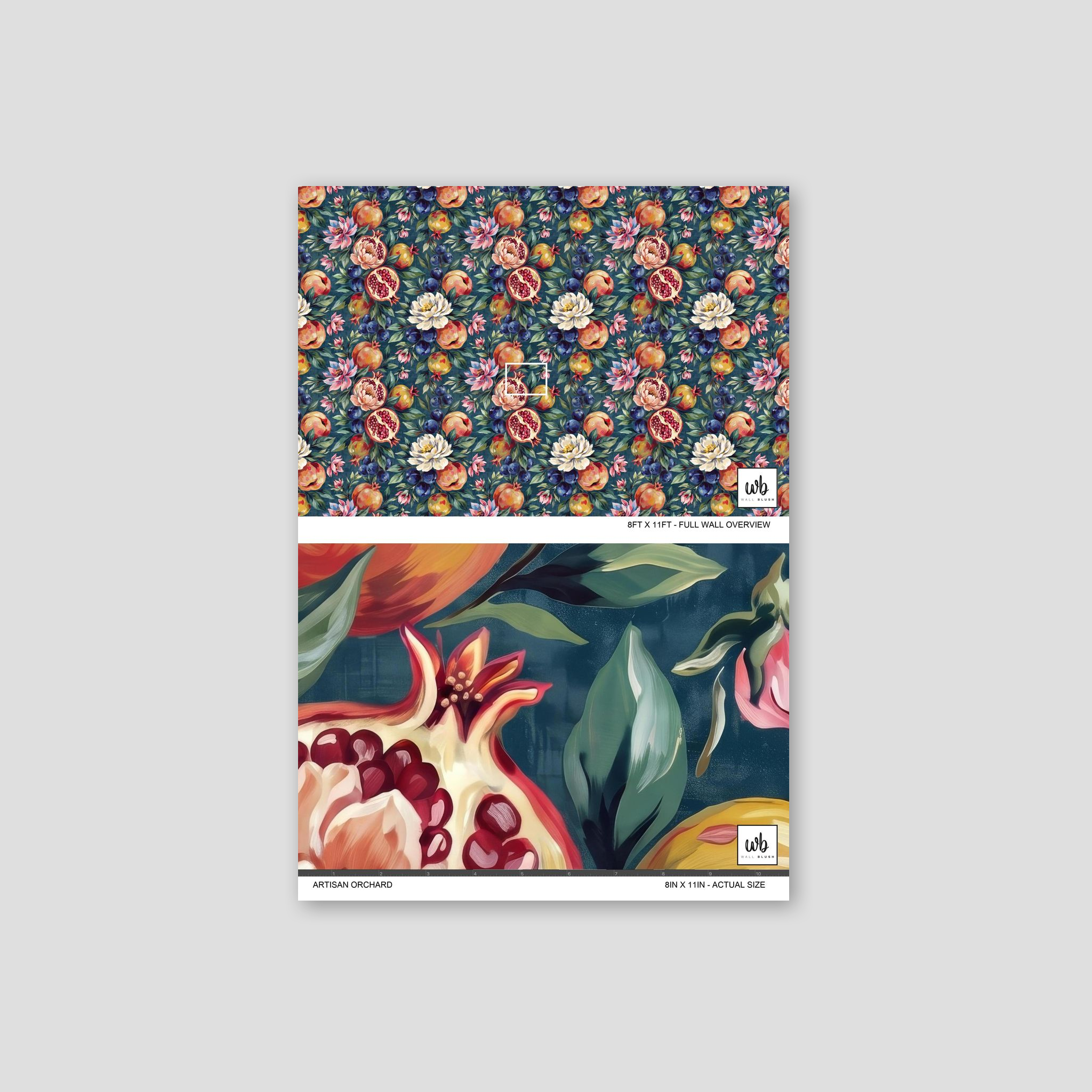 Artisan Orchard wallpaper with teal backdrop, pomegranates, blueberries, and florals.