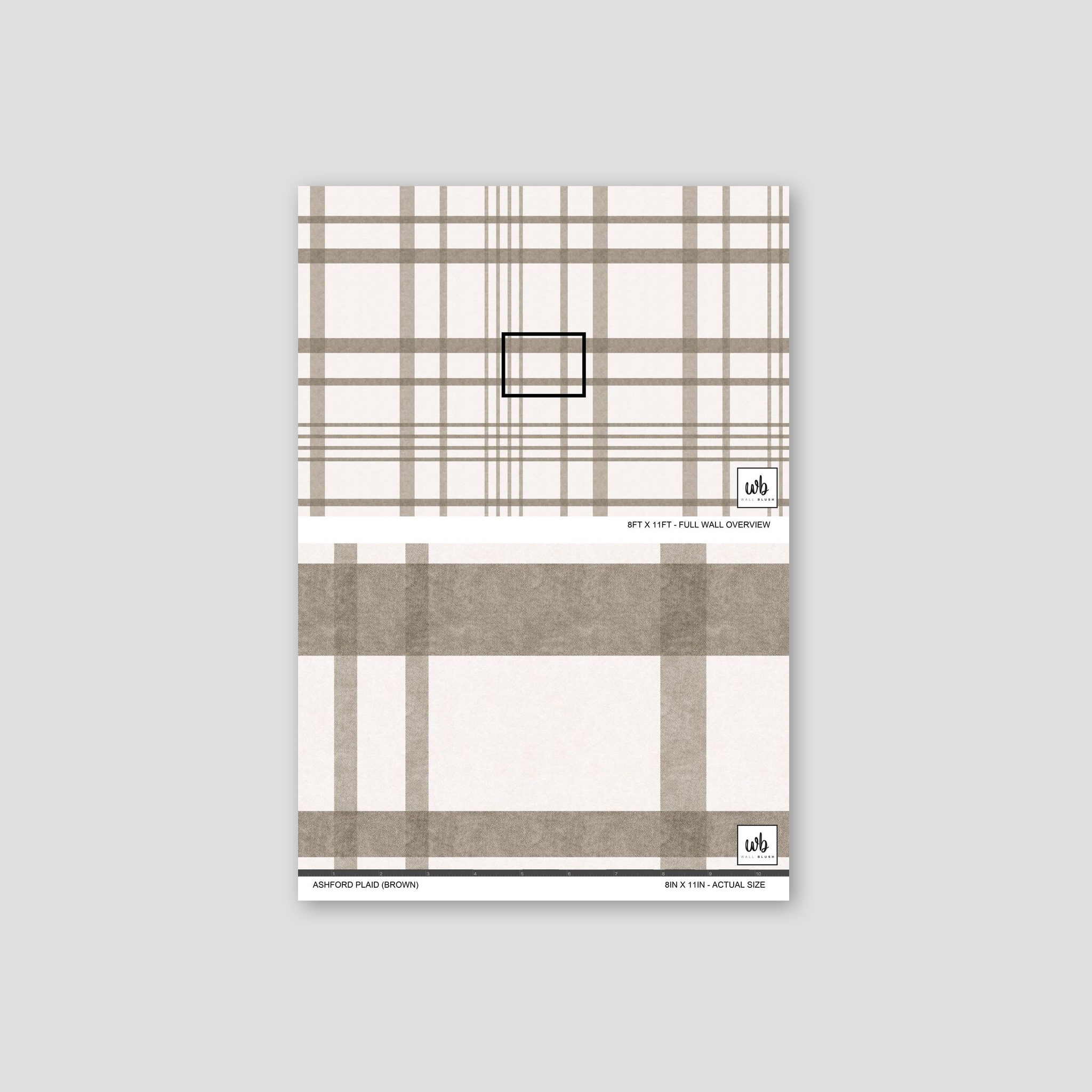 Ashford Plaid brown wallpaper sample with beige and brown plaid pattern.