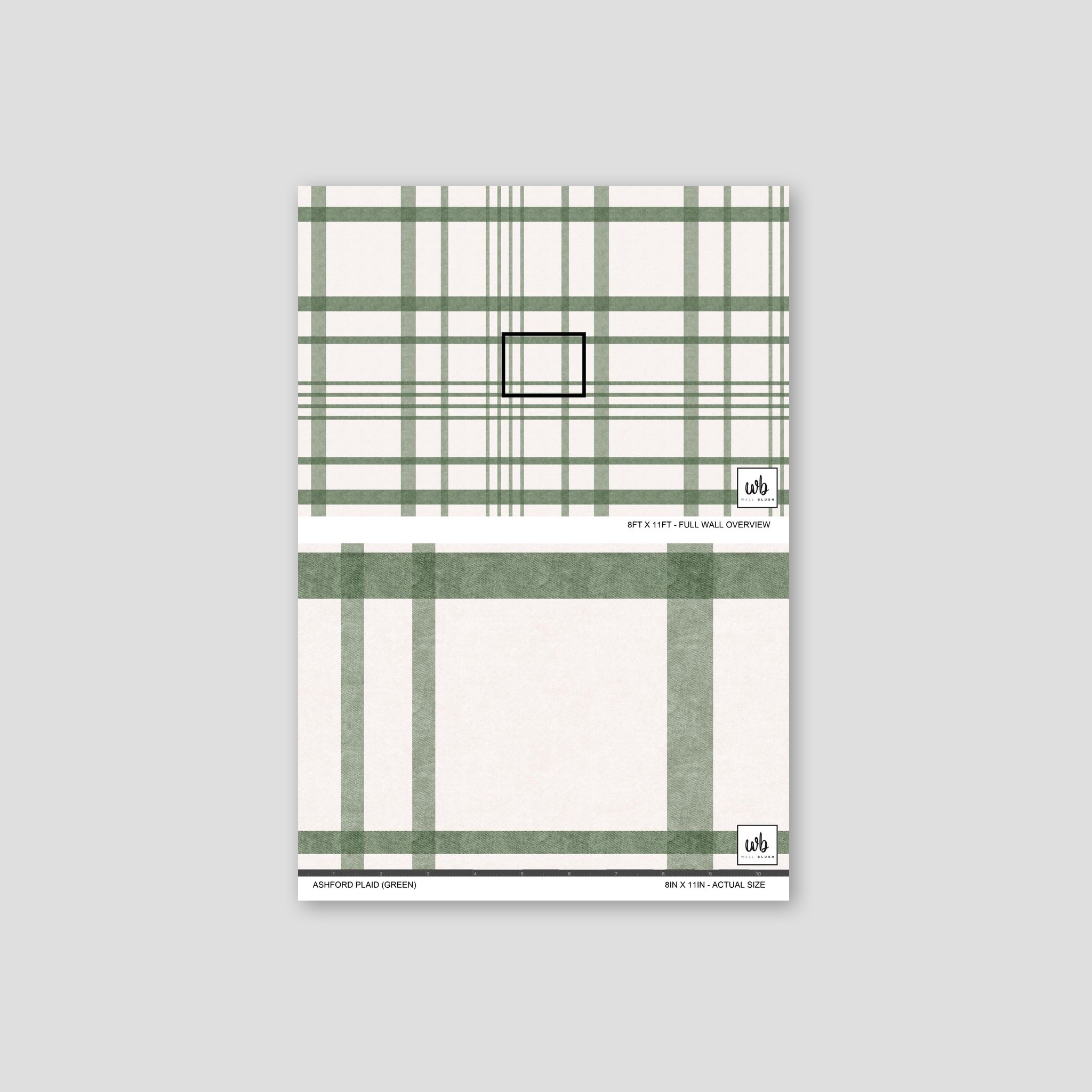 Ashford Plaid wallpaper in green with classic plaid design on creamy background.