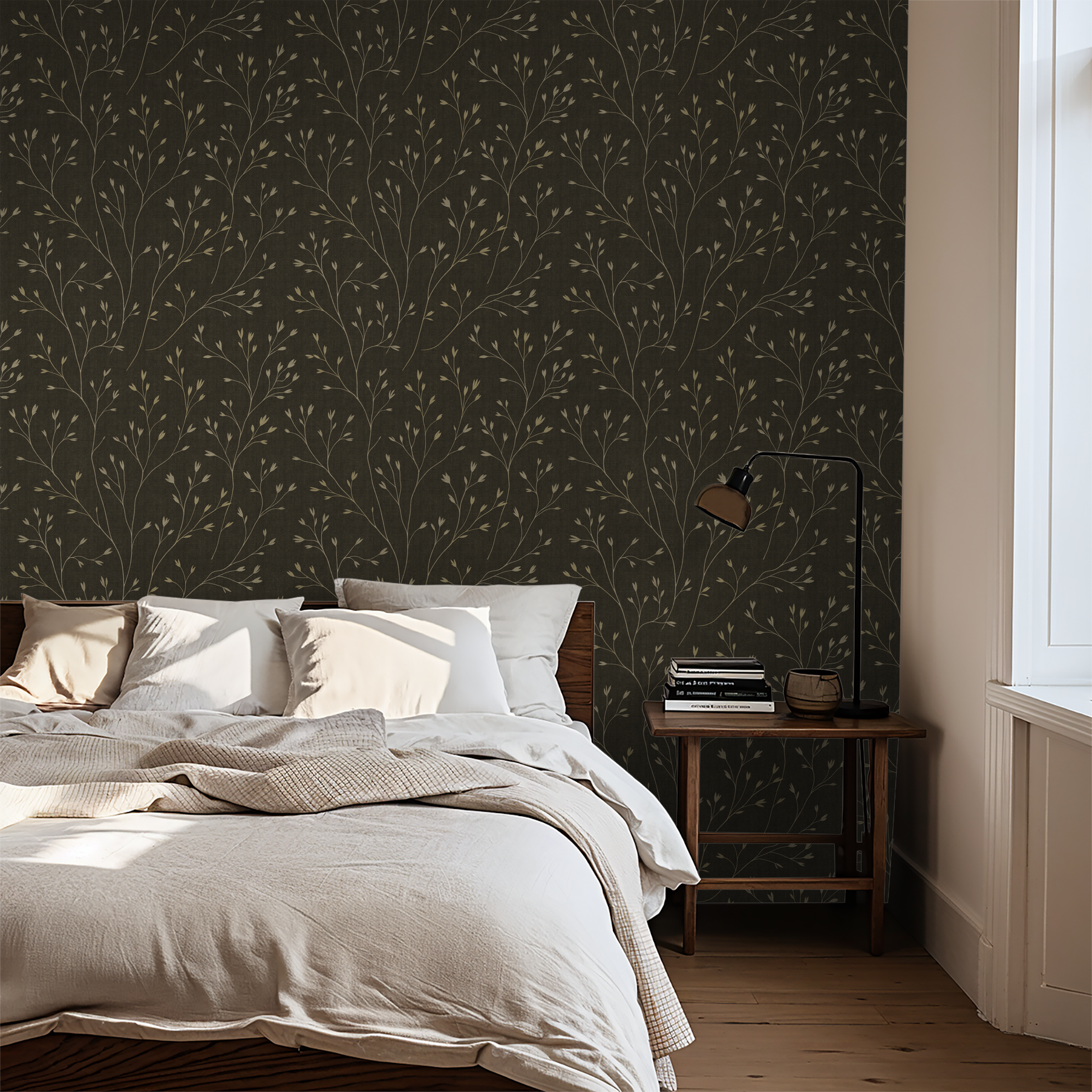 Ashwood wallpaper with cream branches on brown in a cozy bedroom setting.