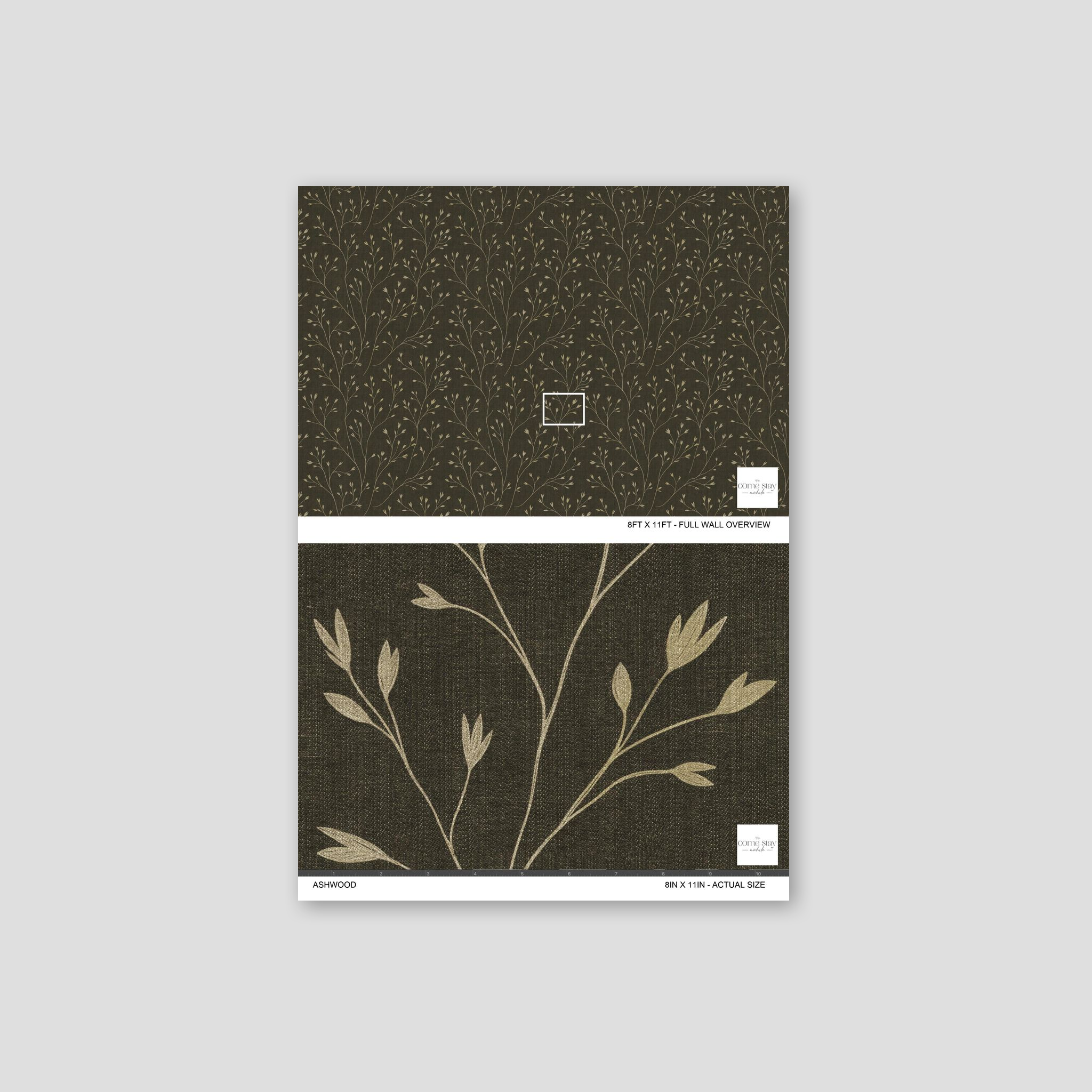 Ashwood wallpaper with cream branches on earthy brown background, floral botanical pattern.
