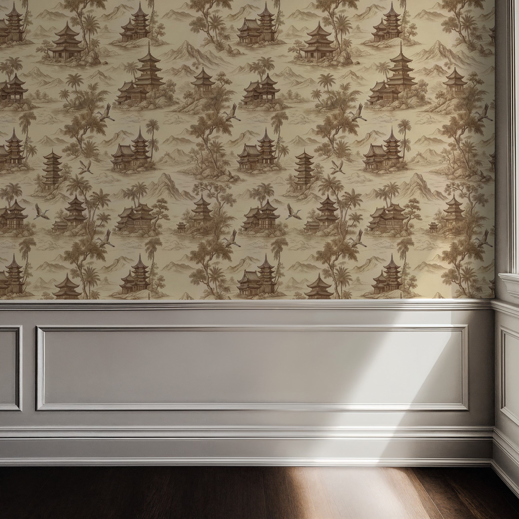 Asian architecture and landscape wallpaper in a traditional room setting.