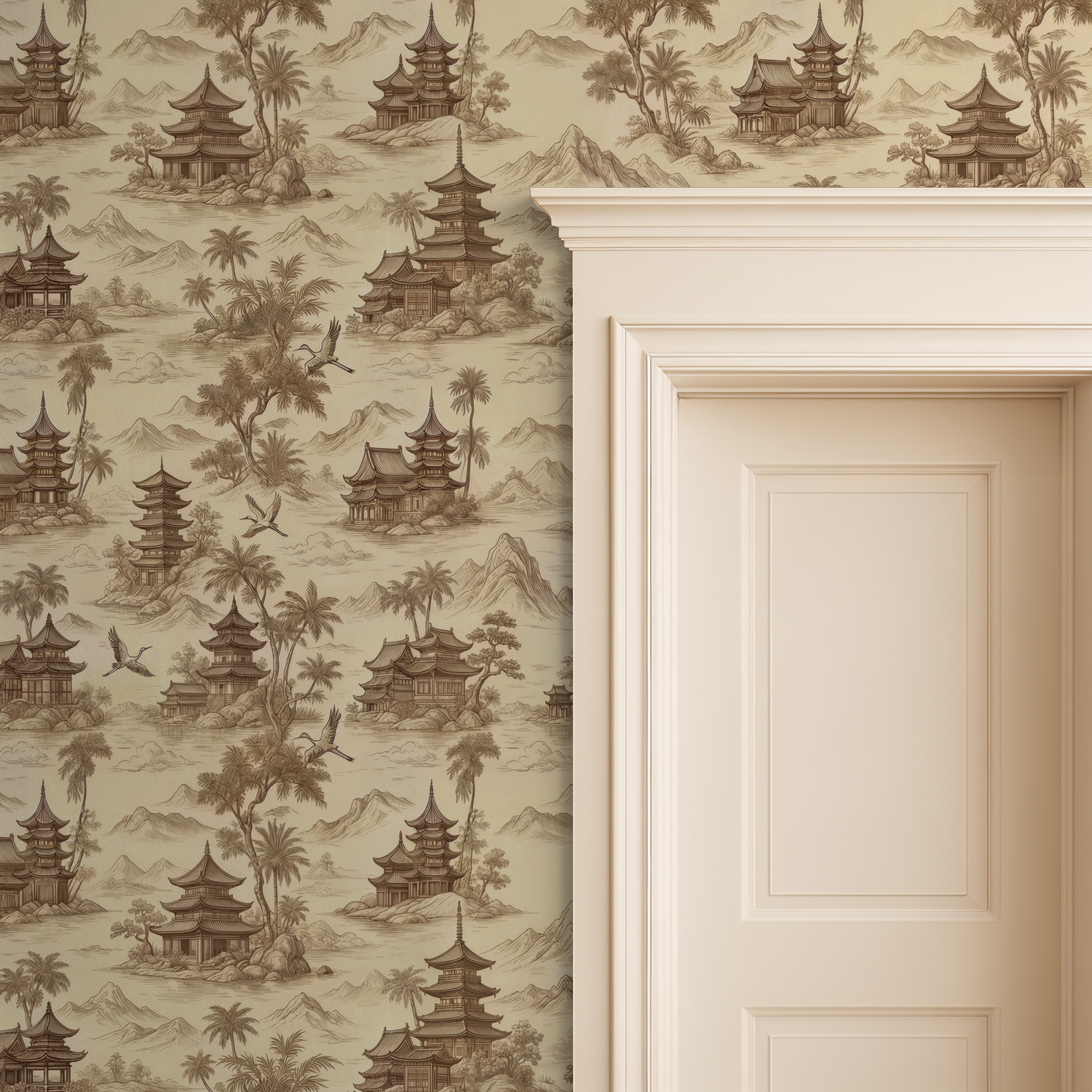 Asian scenic wallpaper with traditional architecture and landscapes in neutral tones.