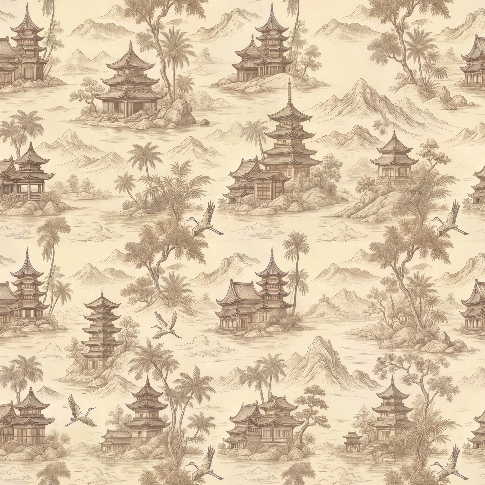Asian scenic wallpaper with traditional architecture and landscapes in sepia tones.