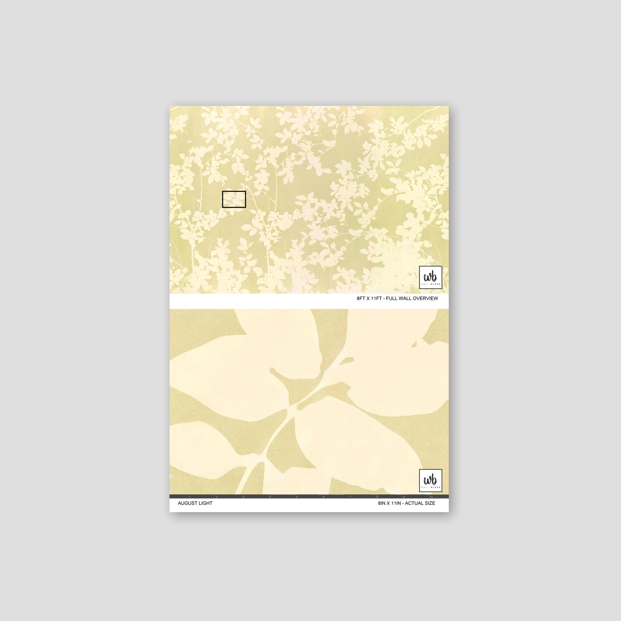 August Light wallpaper with soft gold and ivory botanical pattern.