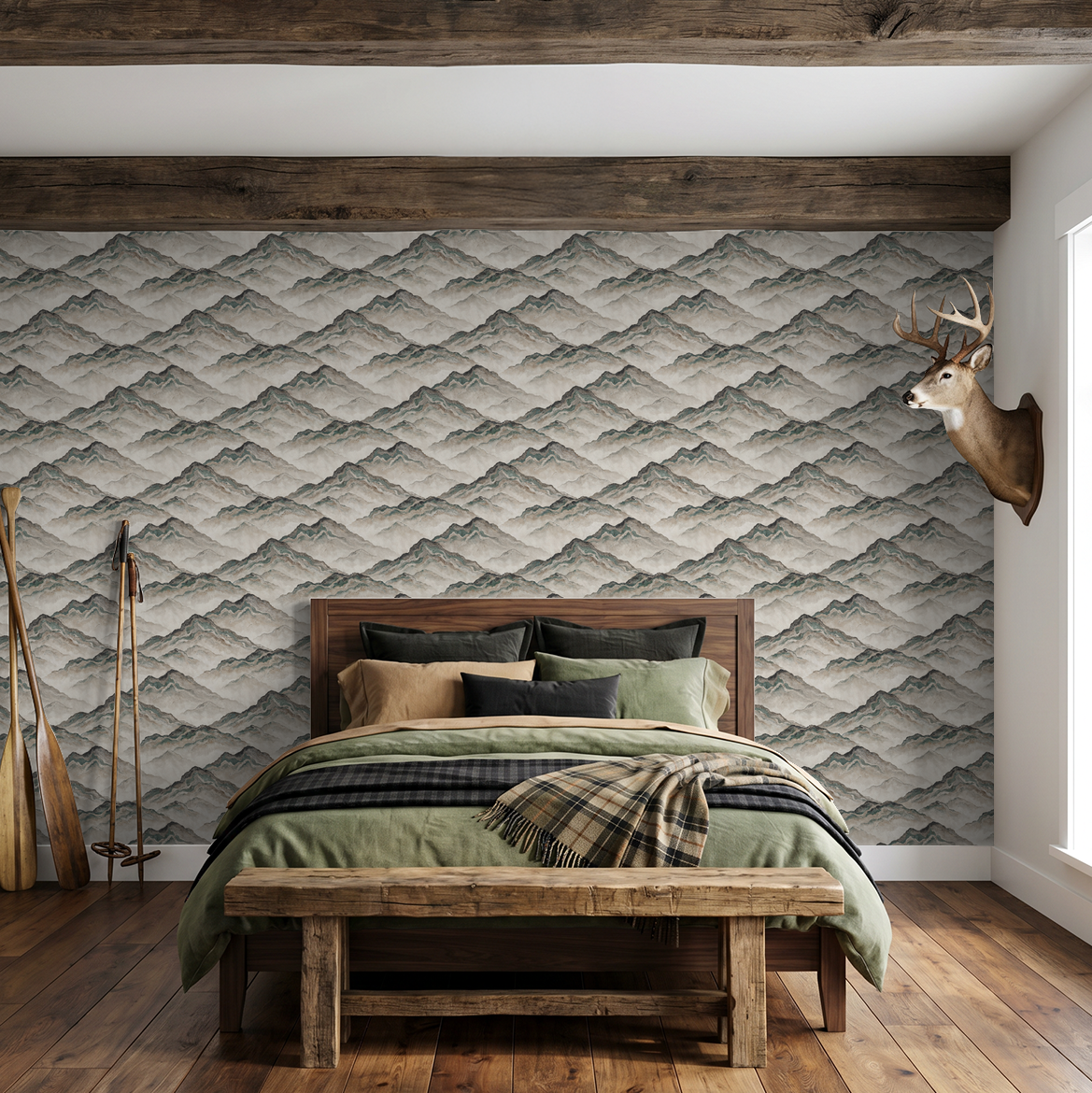 Aurith mountain pattern wallpaper in earthy tones in rustic bedroom setting.