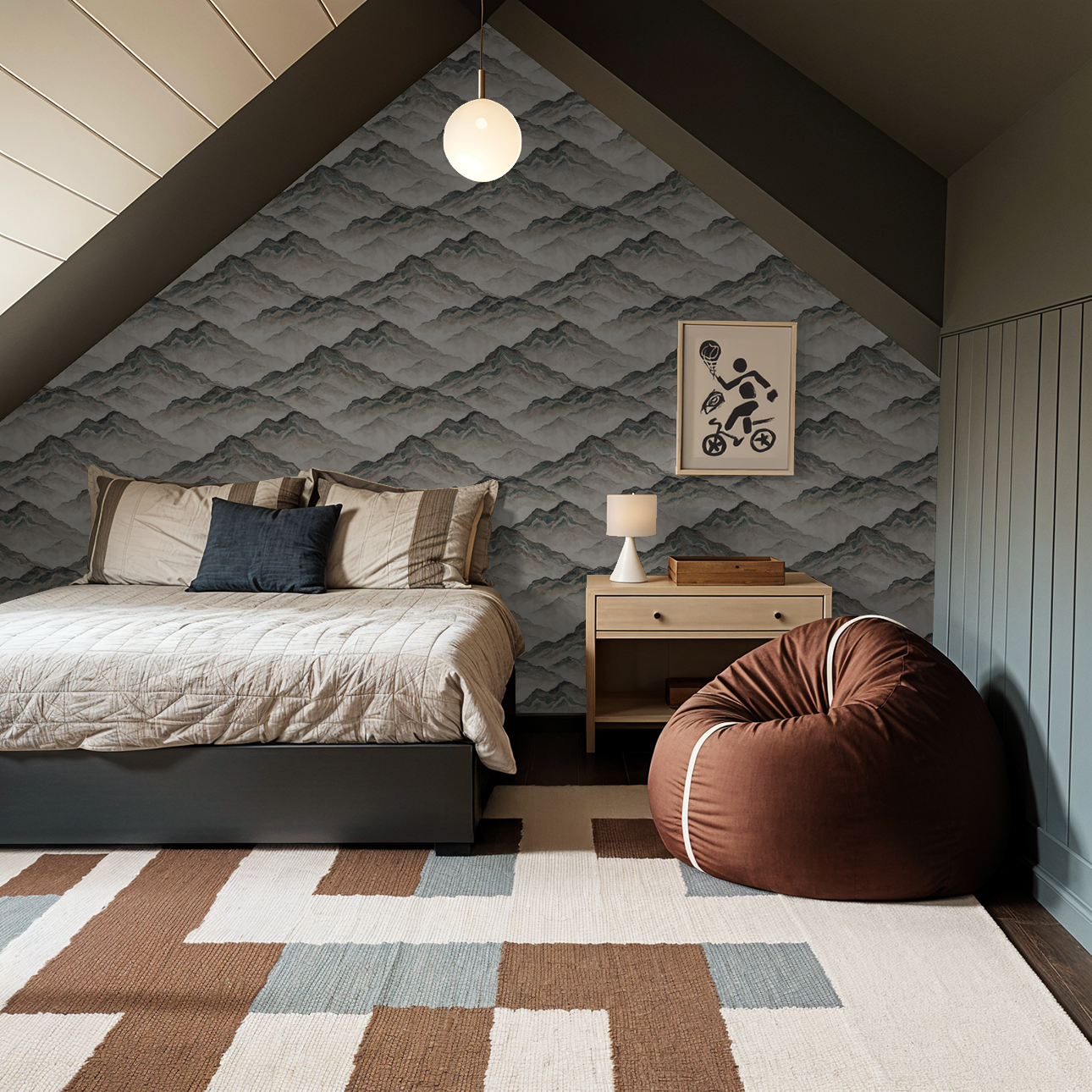 Aurith mountain wallpaper in earth tones in cozy attic bedroom with modern decor.