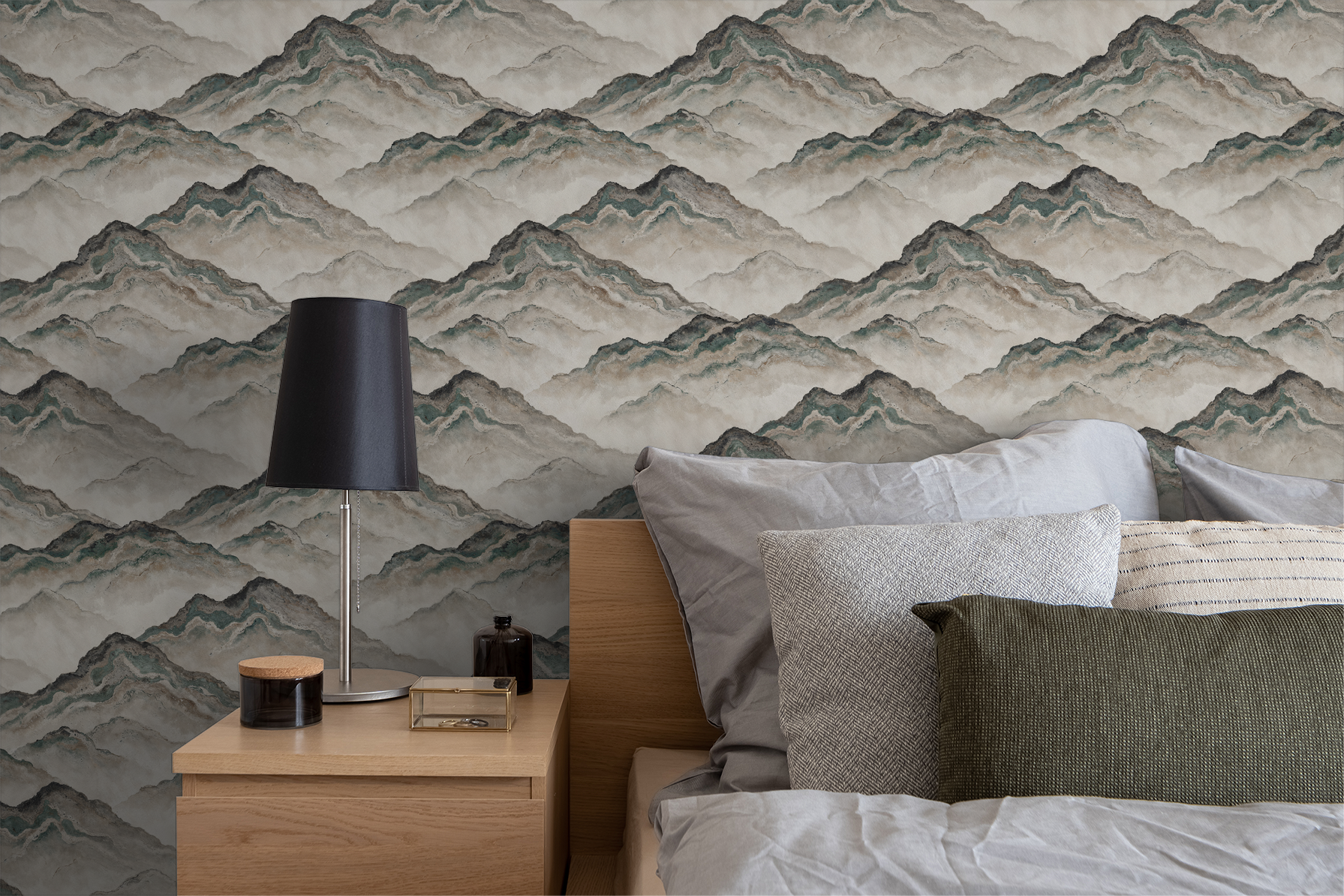 Aurith mountain wallpaper with earthy tones in a cozy bedroom setting.