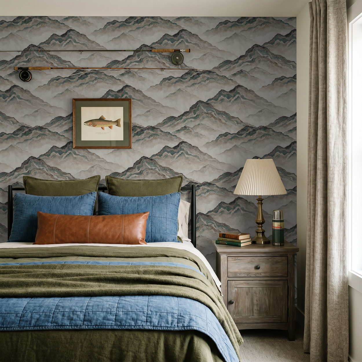 Aurith mountain wallpaper in earth tones in cozy bedroom with rustic decor.