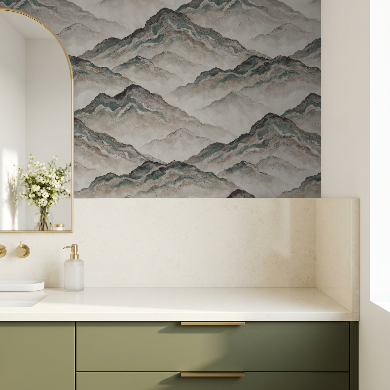 Aurith mountain wave wallpaper in earthy tones in modern bathroom setting.