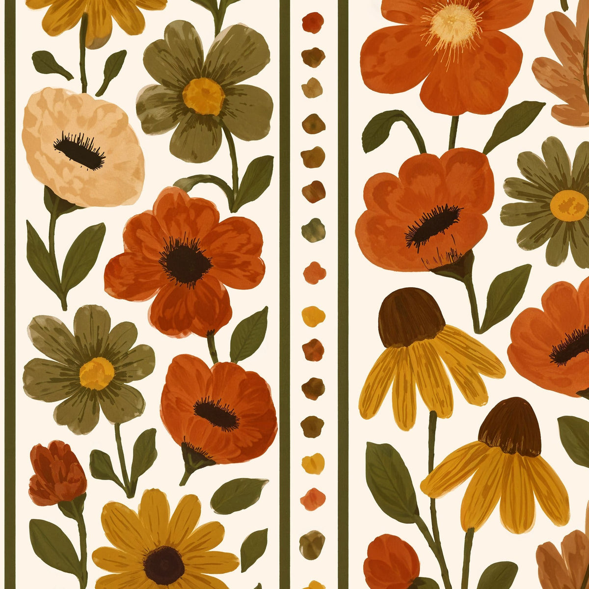 Autumn Bouquet wallpaper with orange and yellow floral motifs on cream background.