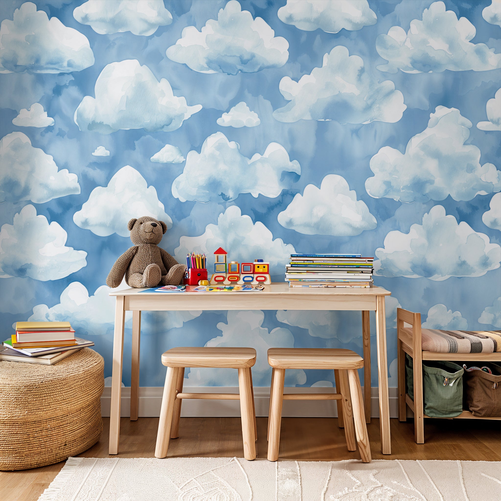 Alt: Azure Dreamland Wallpaper by Wall Blush adorns the walls of a cheerful children's room, emphasizing a playful and creative space.