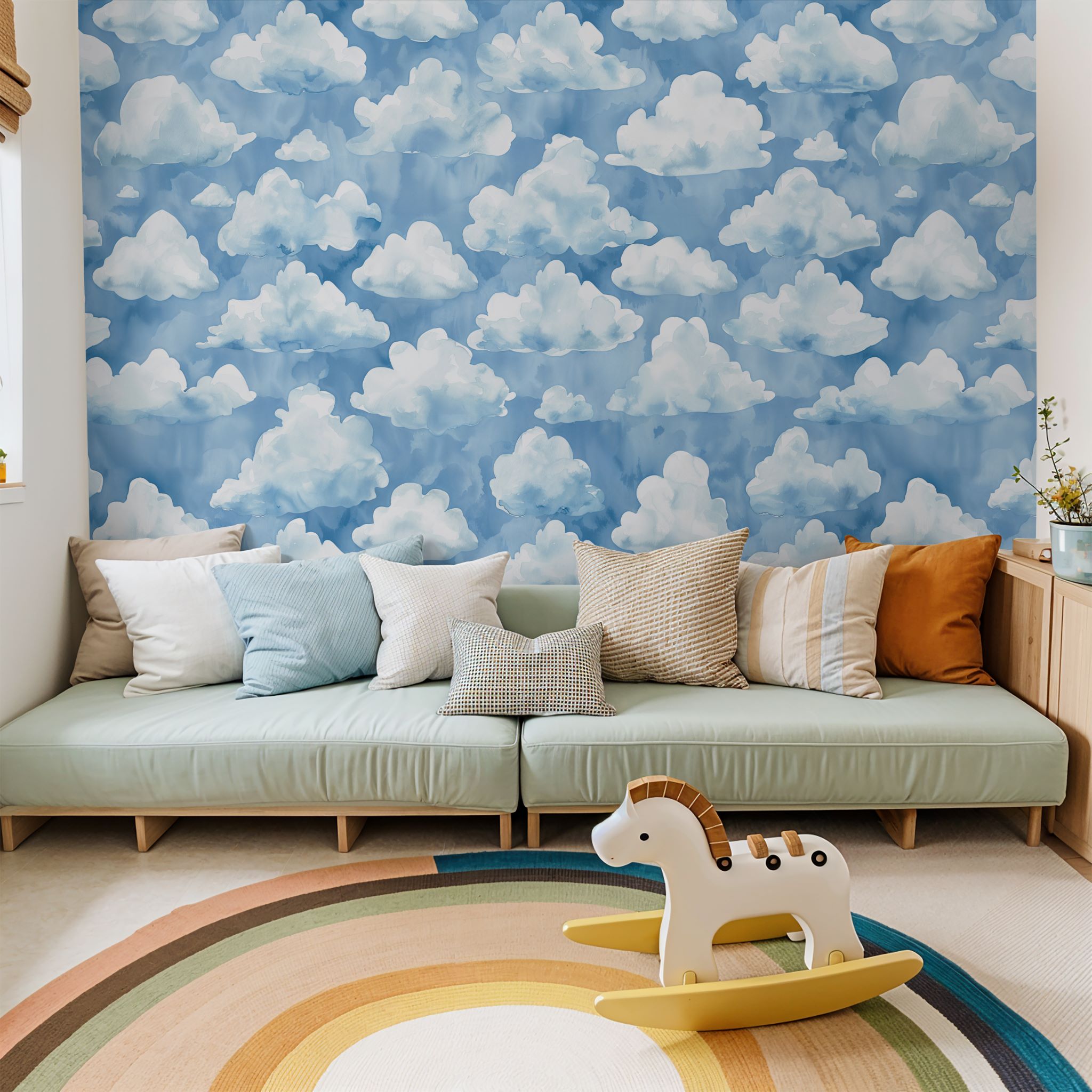 "Wall Blush's Azure Dreamland Wallpaper featured in a stylish children's room, showcasing the calming blue sky pattern."