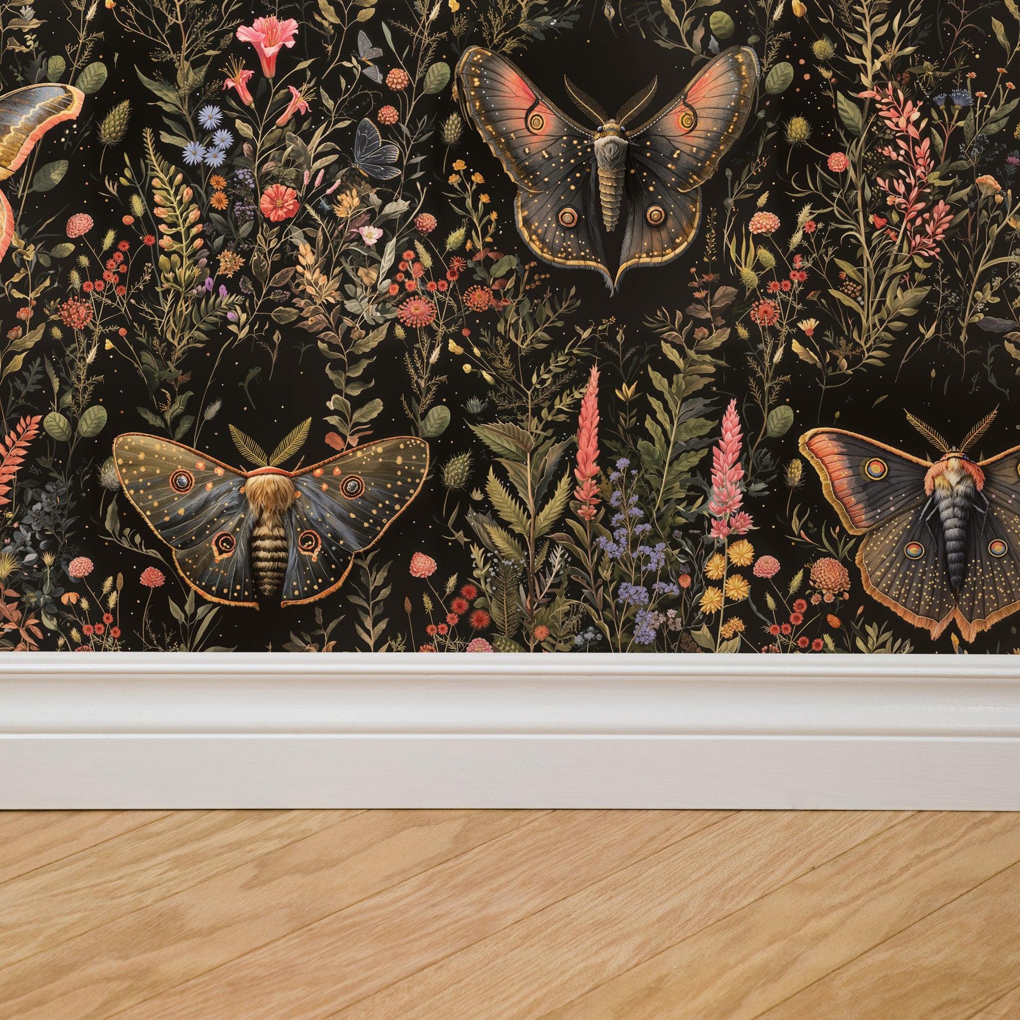 "Papillon Wallpaper by Wall Blush showcasing vivid butterflies in a nature-themed decor of a modern living room."