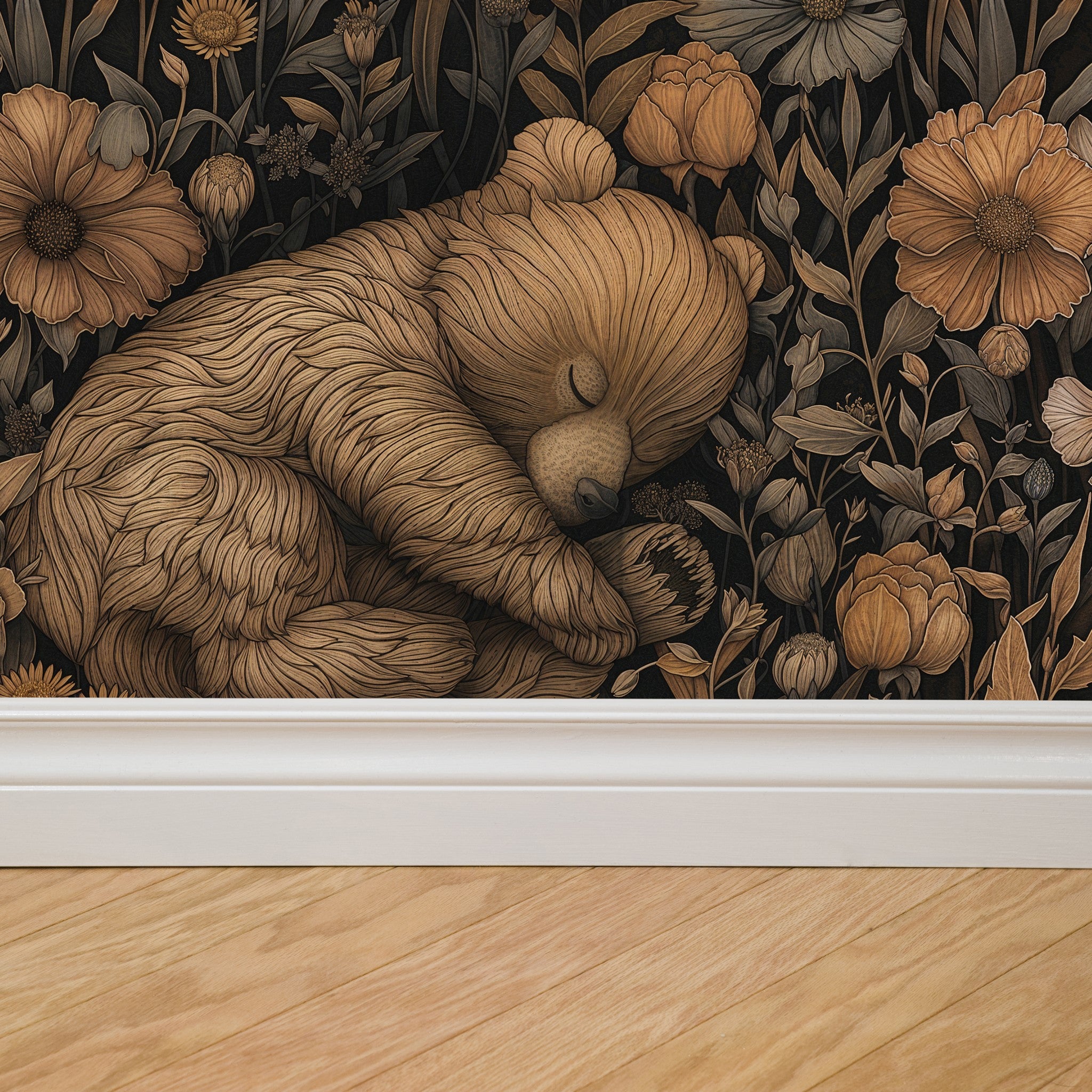 Woodland Dreams Wallpaper by Wall Blush in cozy room, featuring bear design on floral background.