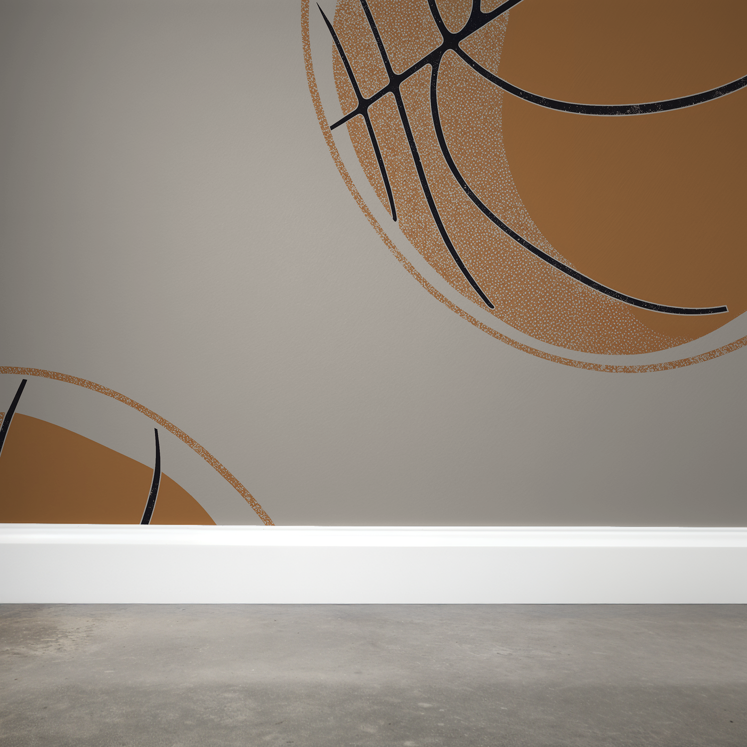 Basketball-inspired wallpaper with abstract lines in warm earthy tones in a modern room.