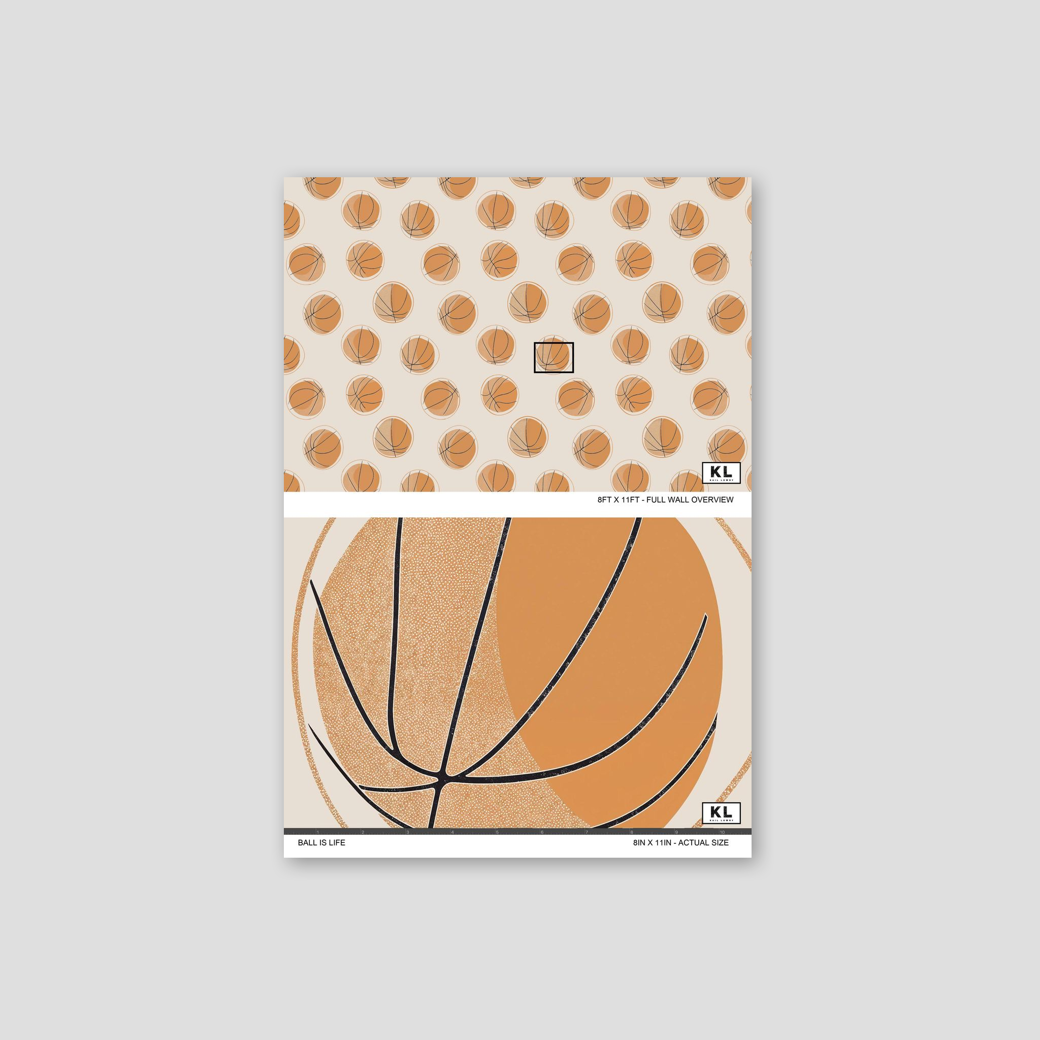 Basketball-themed wallpaper with orange patterns and abstract lines.