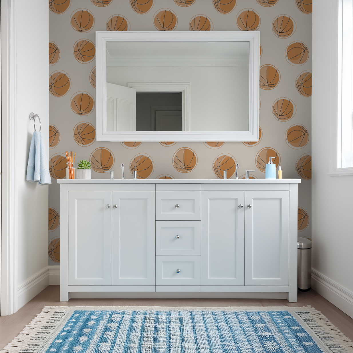 Basketball-themed wallpaper with earthy tones in a modern bathroom setting.