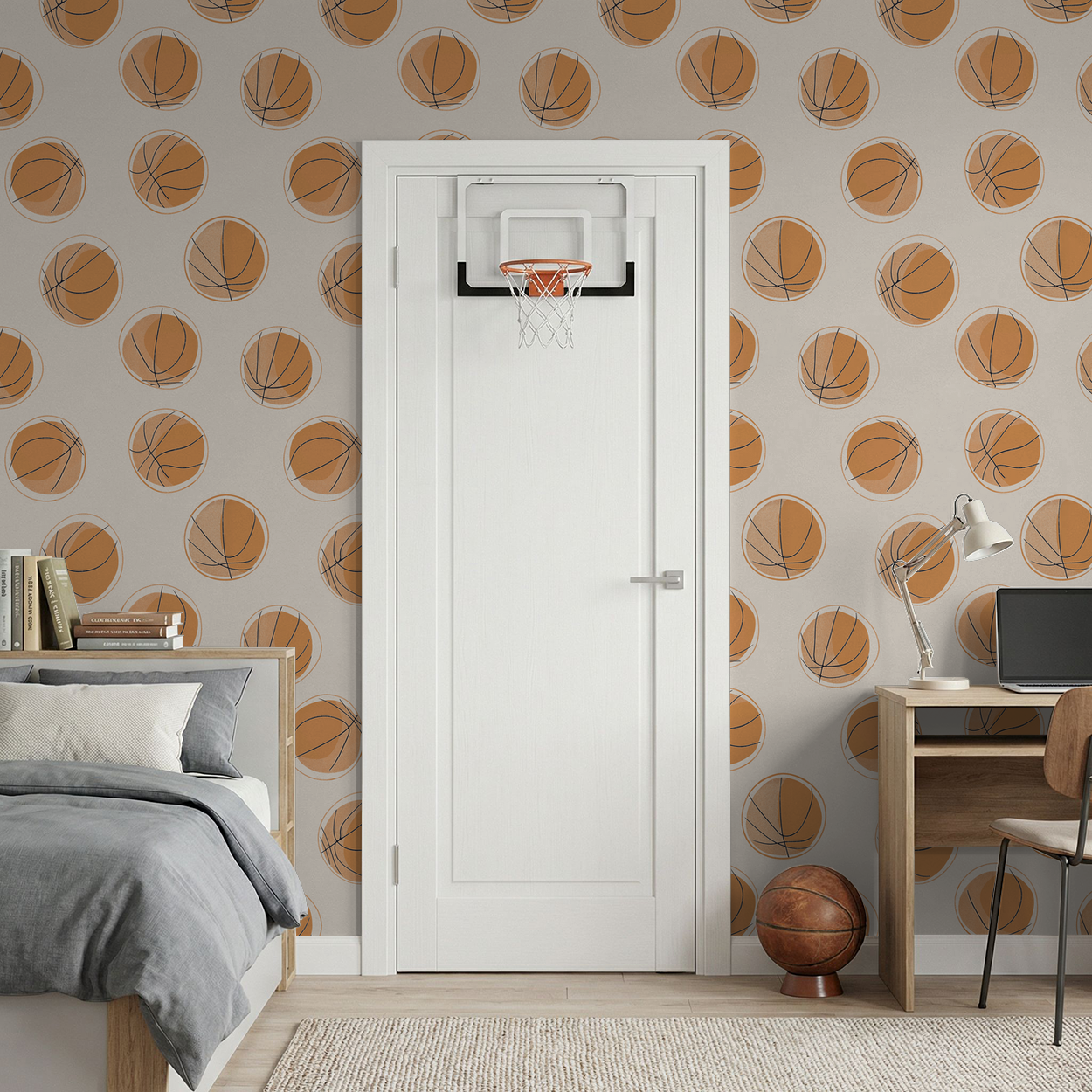 Basketball-themed wallpaper in a modern bedroom with desk and mini hoop.