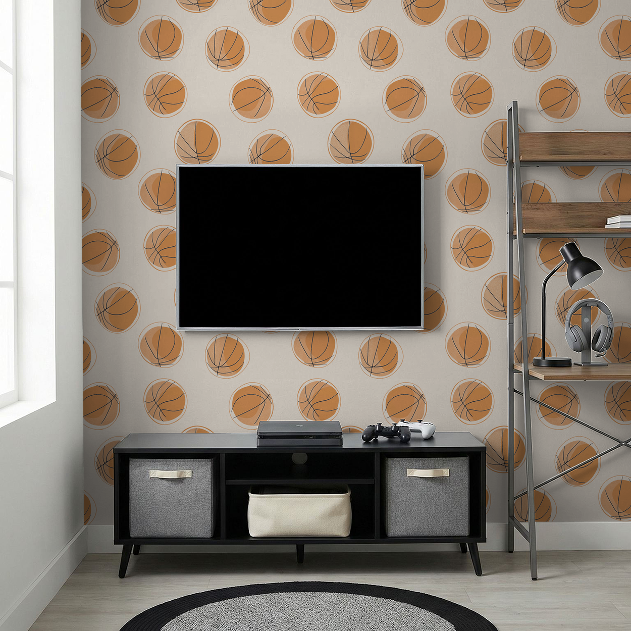 Basketball-themed wallpaper with orange balls in a modern living room setup.