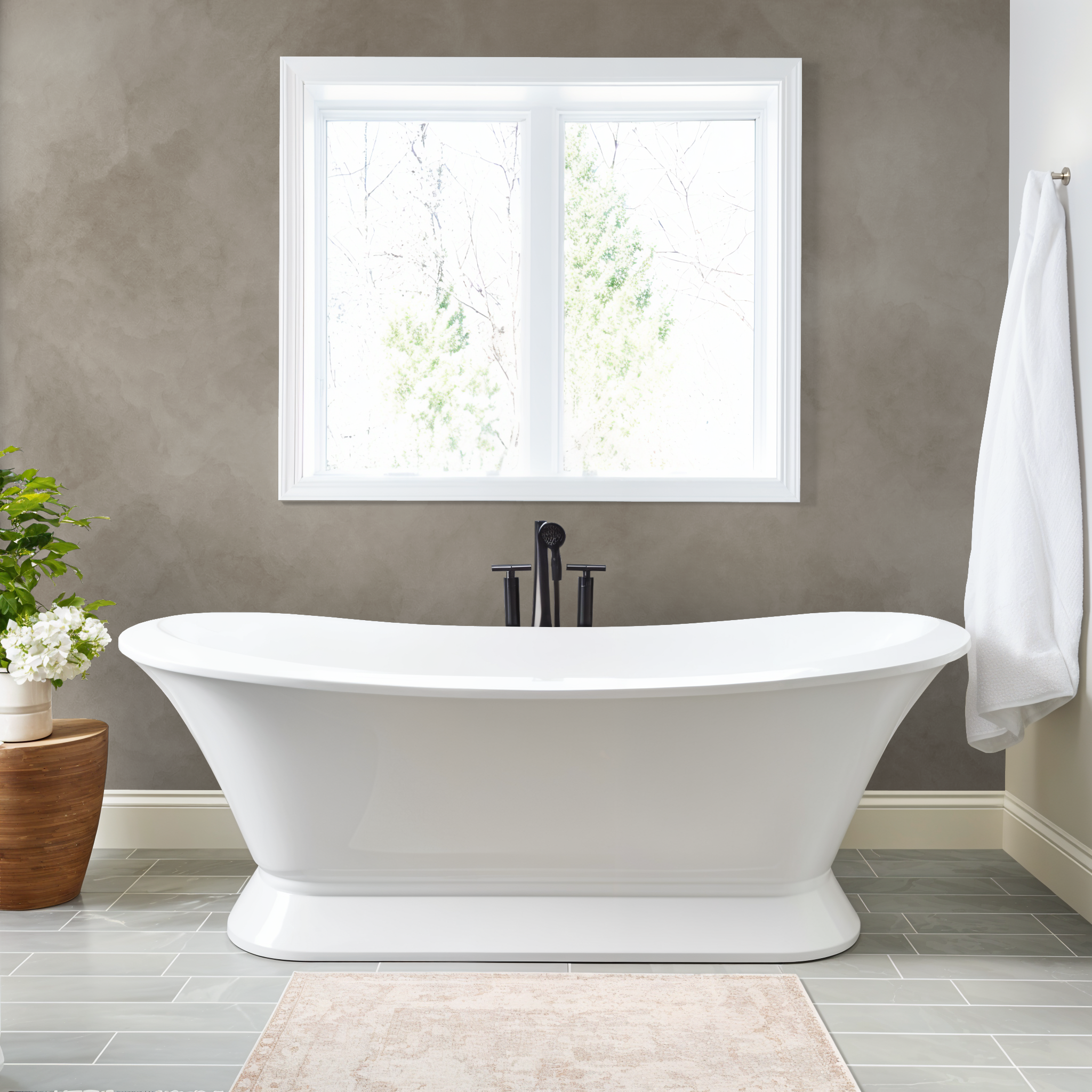 Beige abstract wallpaper in modern bathroom with freestanding tub