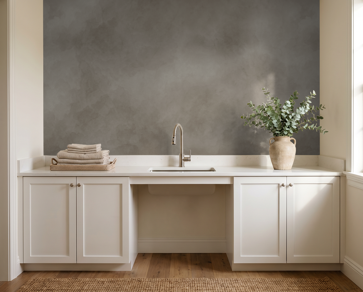 Beige abstract cloud-like wallpaper in a modern laundry room with white cabinets.