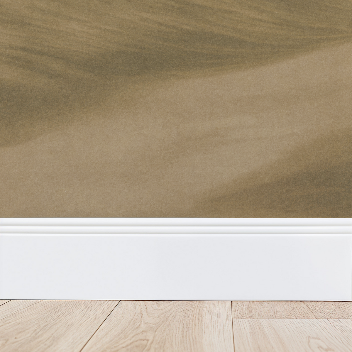 Beige coastal wallpaper with soft earthy tones above white baseboard and wood floor.