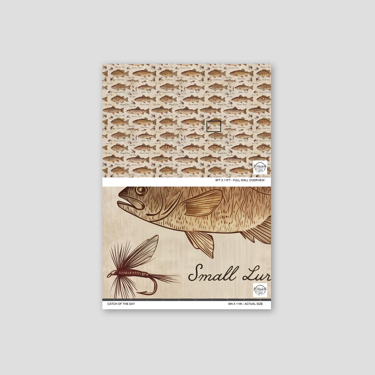 Beige wallpaper with fish and lure illustrations, featuring bass and trout.