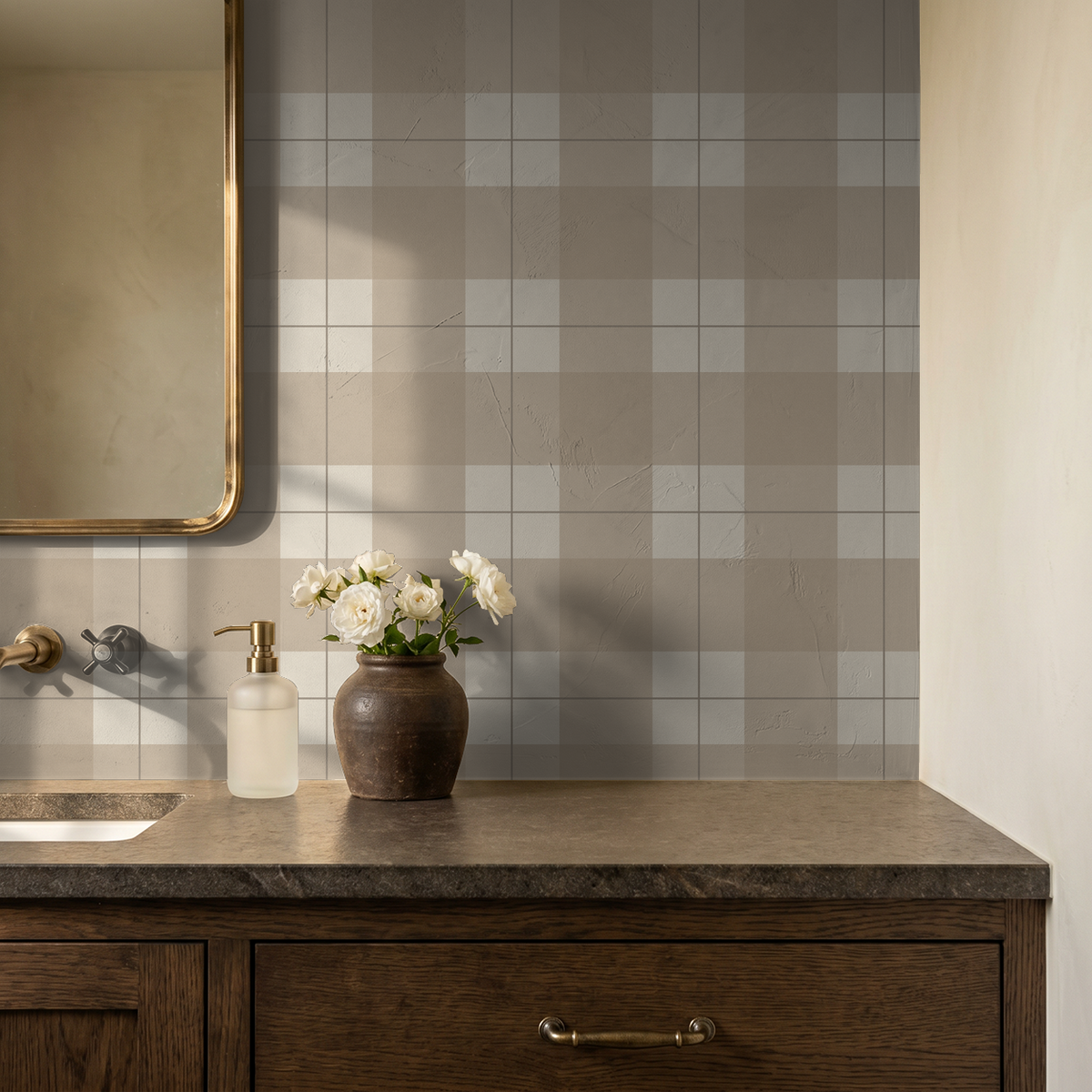 Beige plaid wallpaper in bathroom with wooden vanity and flowers
