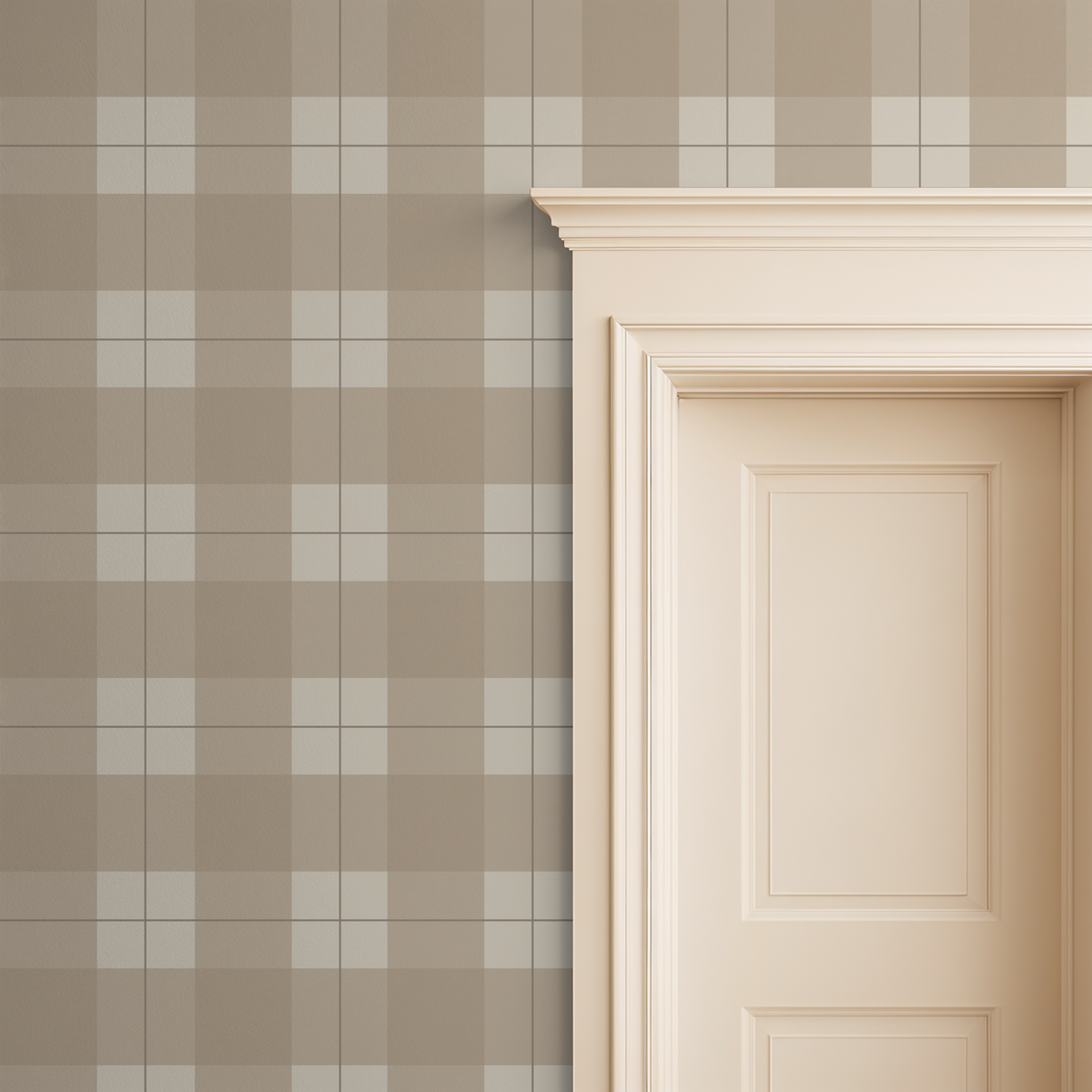 Beige plaid wallpaper with intersecting lines next to a cream door frame.