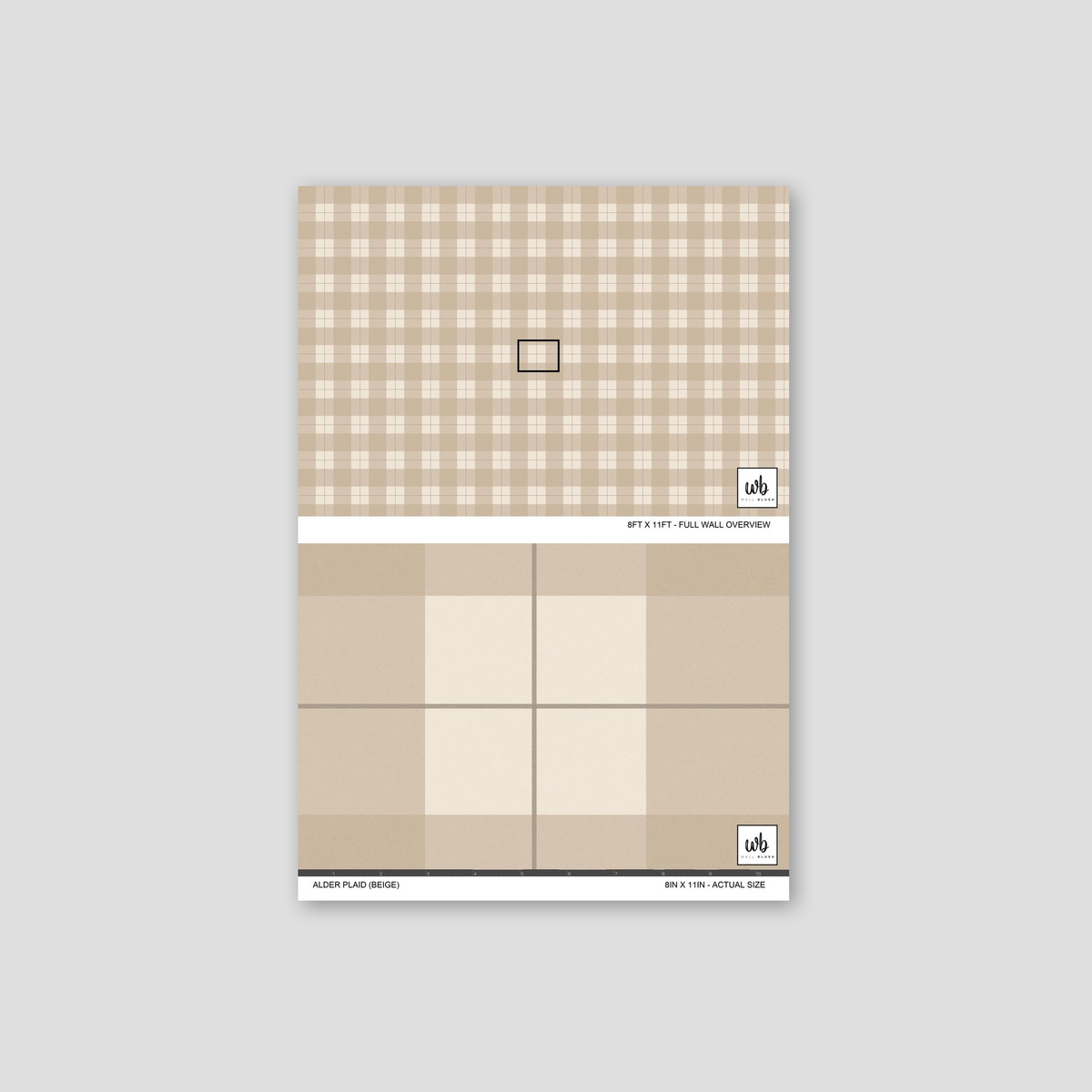 Beige plaid wallpaper sample with intersecting lines and squares.
