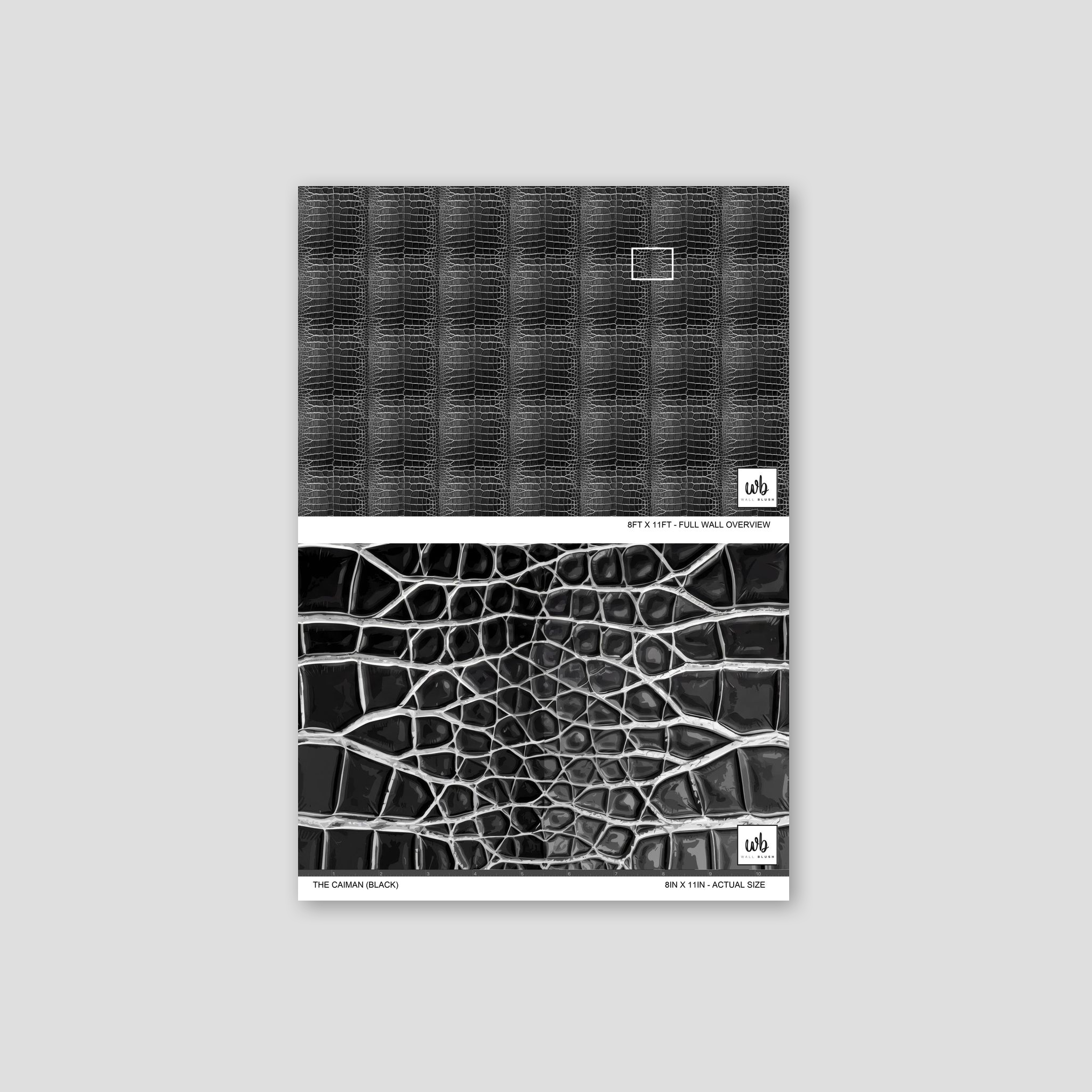 The Caiman black crocodile skin pattern wallpaper sample with intricate scales.