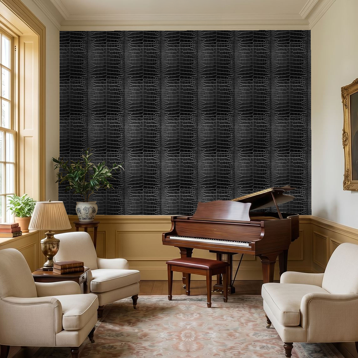 Luxurious black crocodile skin pattern wallpaper in elegant living room with piano.