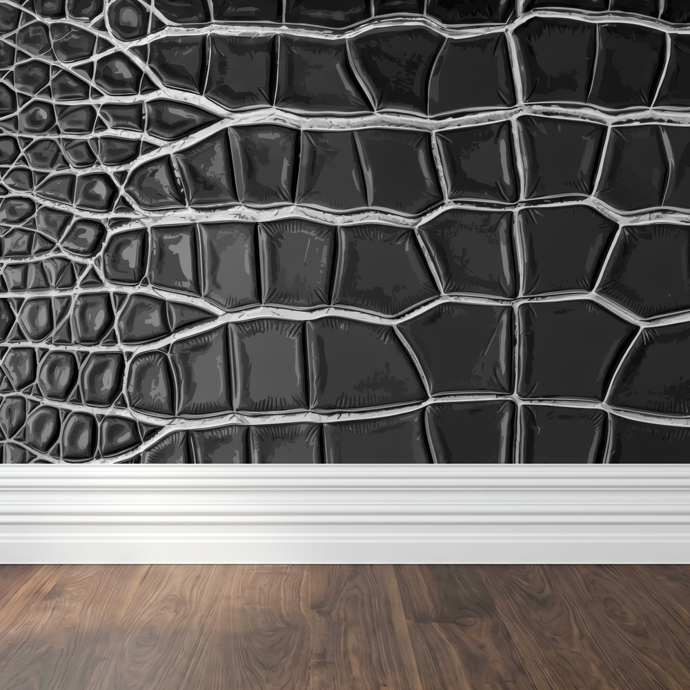 Luxurious black crocodile skin pattern wallpaper in modern room setting.