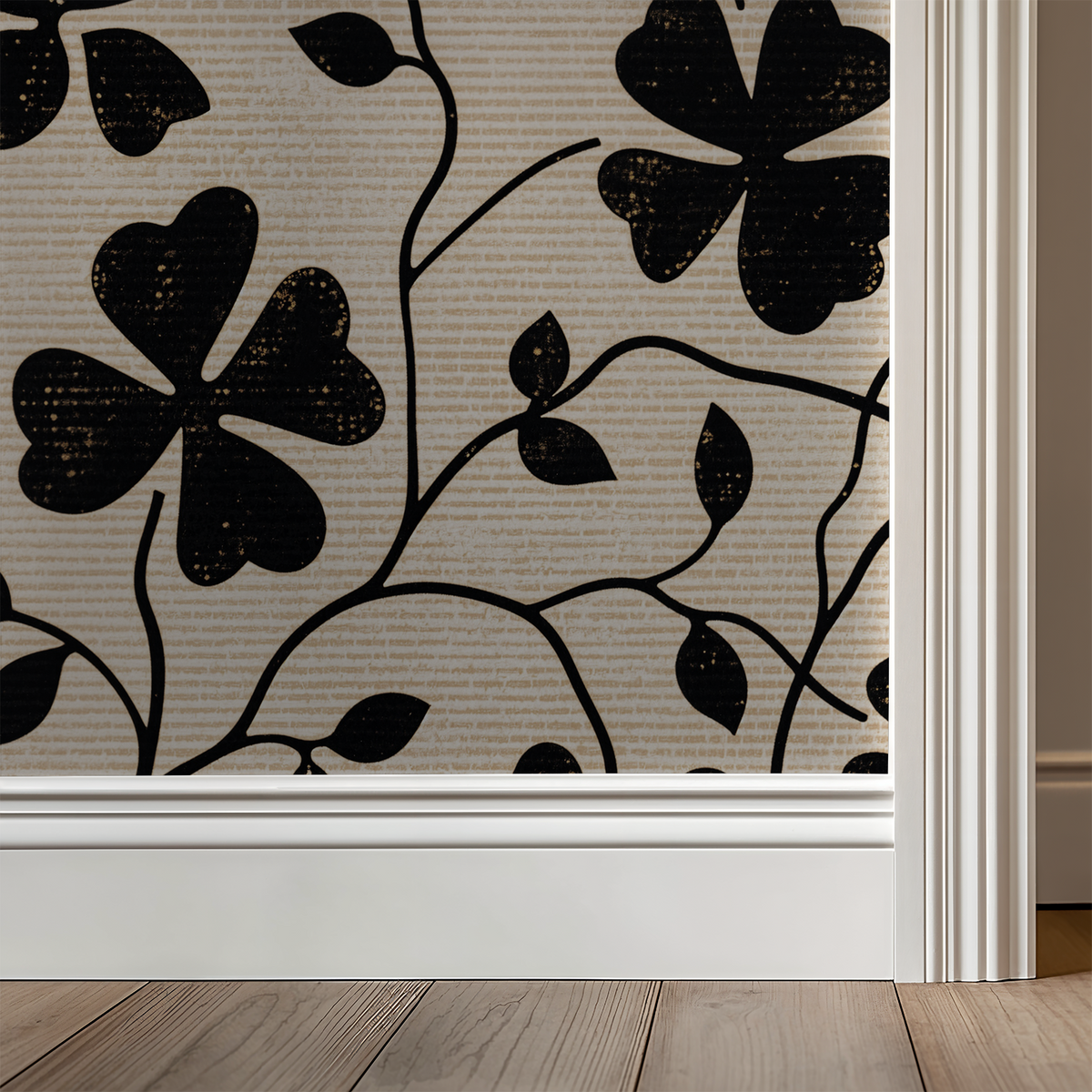 Black floral silhouettes on muted background wallpaper with white trim.