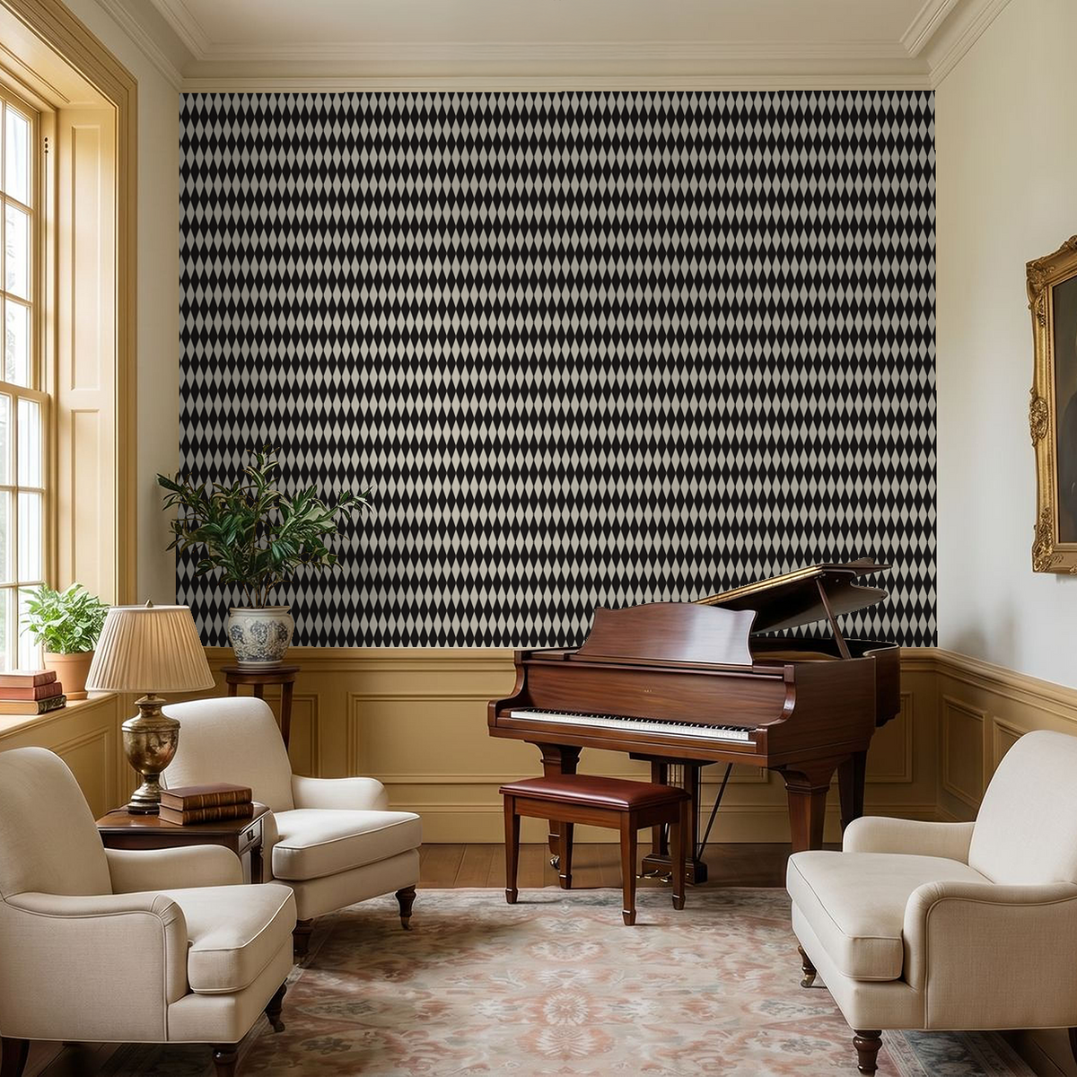 Black and white argyle wallpaper in elegant living room with piano and armchairs.